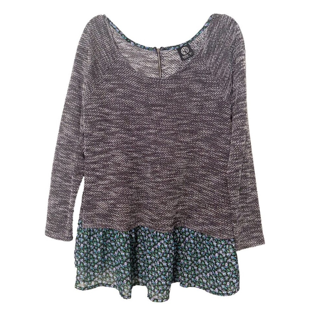 BOBEAU Floral 1990s Grunge Ruffle Boho Light Sweater Scoop Neck Tunic Top Sz XL